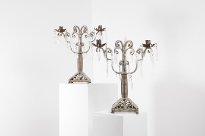 Lot 734 - A pair of Genoese-style metal and glass table candelabras