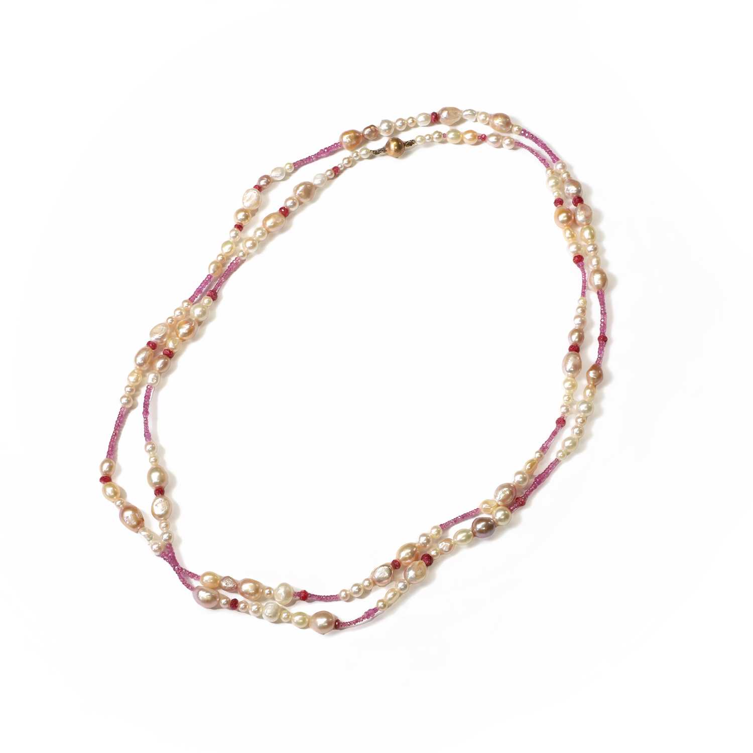 Lot 1205 - A freshwater pearl and pink sapphire bead necklace