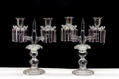 Lot 331 - A pair of glass twin branch table lustres