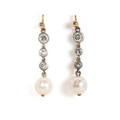 Lot 125 - A pair of cultured pearl and diamond drop earrings