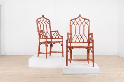 Lot 375 - A set of six Gothic Revival stained bamboo dining chairs