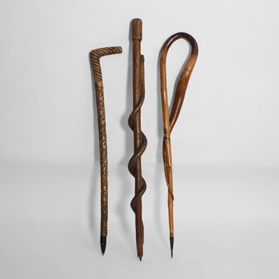 Lot 216 - Three First World War military hand-carved wooden walking sticks