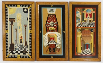 Lot 17 - Three hand-painted Masonic Freemasonry tracing boards