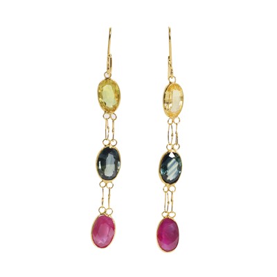 Lot 224 - A pair of sapphire and ruby drop earrings