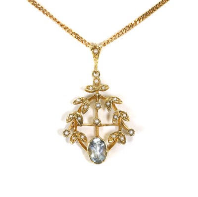 Lot 149 - An aquamarine and split pearl foliate pendant