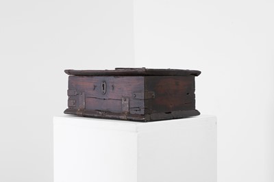 Lot 588 - A wrought-iron-mounted wooden chest