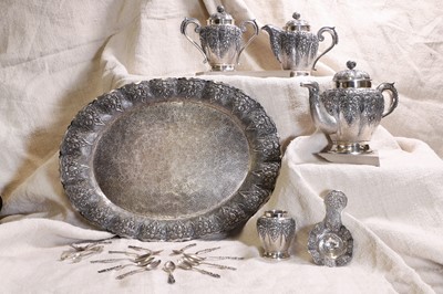 Lot 411 - A silver tea service and tray