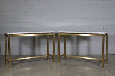 Lot 252 - A pair of brass and marble console tables