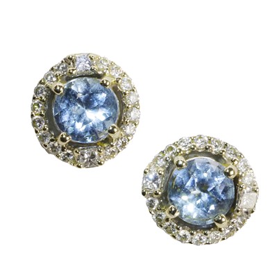 Lot 143 - A pair of white gold aquamarine and diamond cluster stud earrings