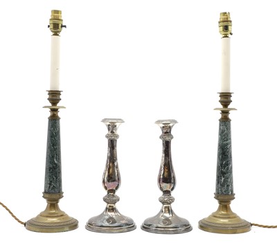 Lot 43 - A pair of silver plated and marble candlesticks