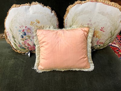 Lot 410 - A pair of oval Beauvais wool and silk tapestry cushions