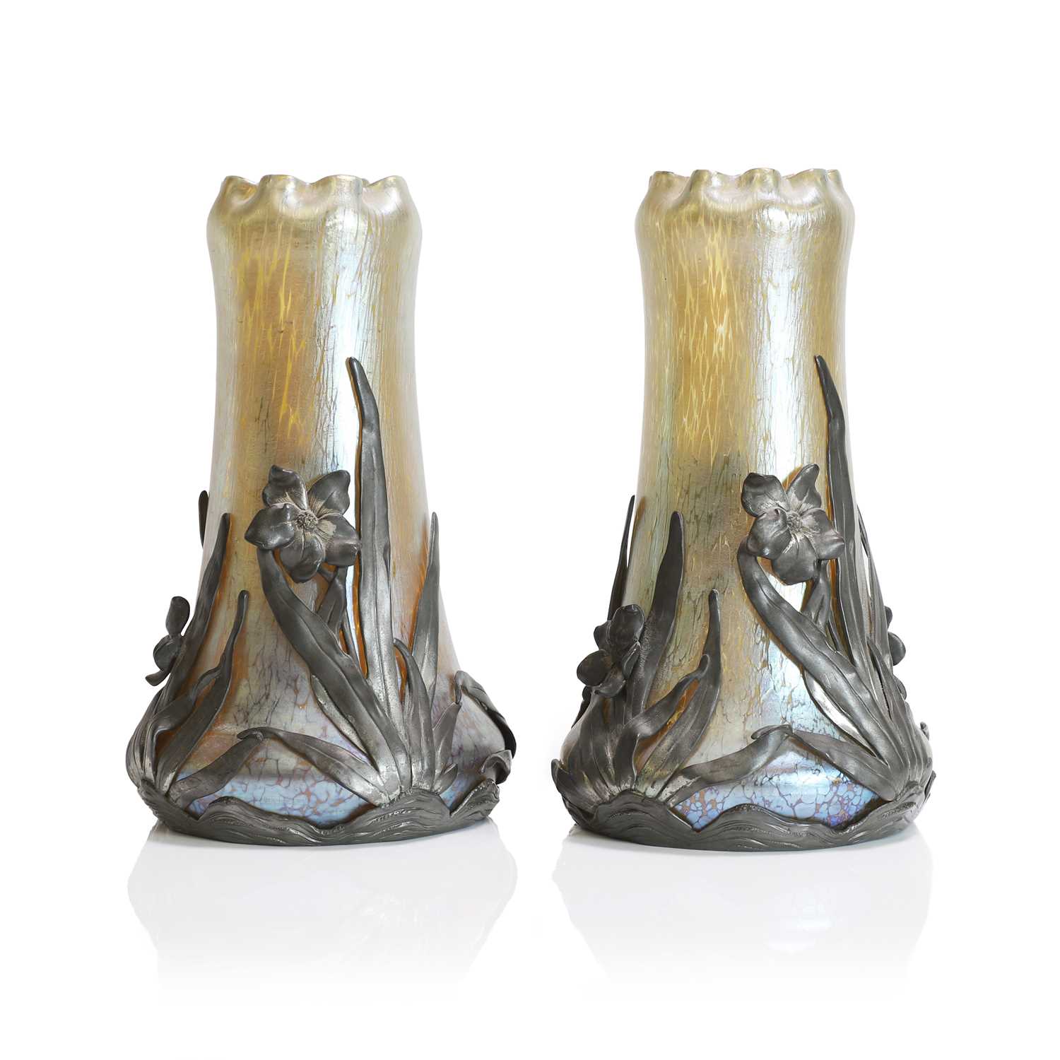 Lot 69 - A pair of Loetz 'Candia Papillon' glass and pewter-mounted vases