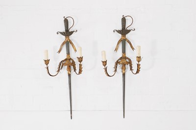 Lot 515 - A pair of painted and parcel-gilt metal wall lights