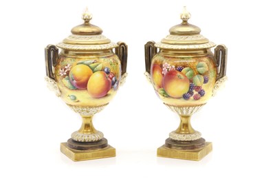 Lot 111 - A pair of Royal Worcester 'Fruit Study' porcelain vases