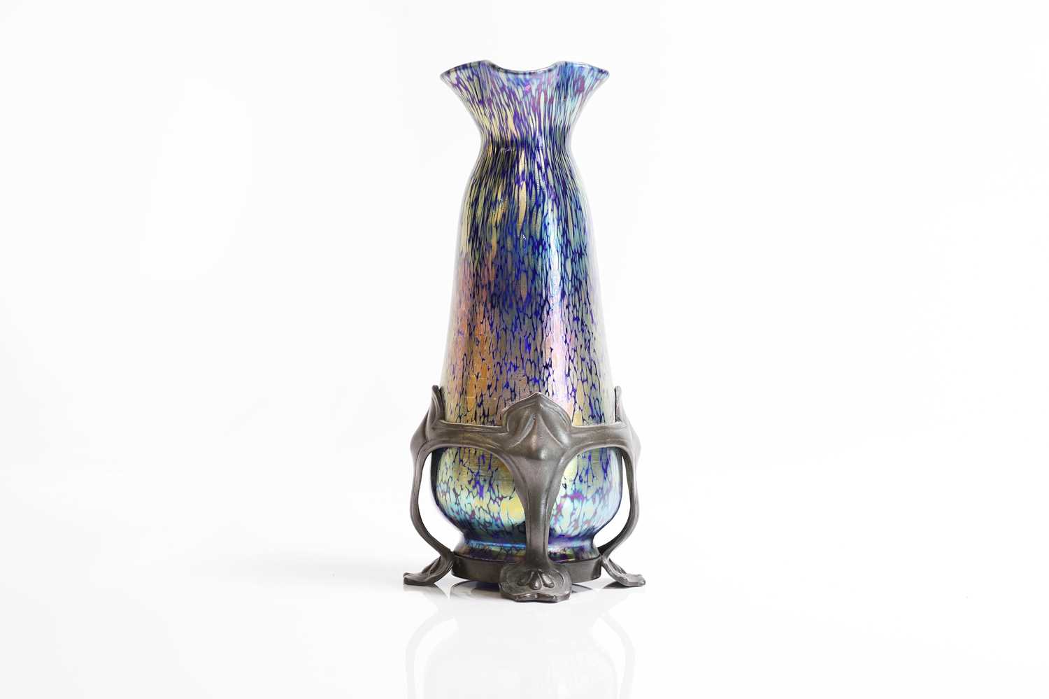 Lot 68 - A Loetz cobalt 'Papillon' iridescent glass and pewter-mounted vase