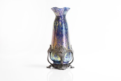 Lot 68 - A Loetz cobalt 'Papillon' iridescent glass and pewter-mounted vase