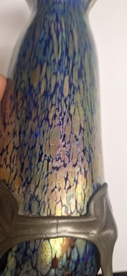 Lot 68 - A Loetz cobalt 'Papillon' iridescent glass and pewter-mounted vase