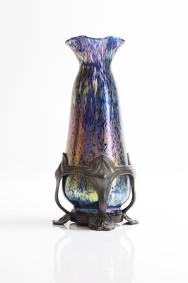 Lot 68 - A Loetz cobalt 'Papillon' iridescent glass and pewter-mounted vase