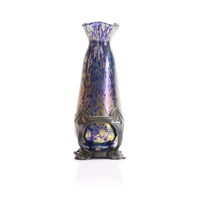 Lot 68 - A Loetz cobalt 'Papillon' iridescent glass and pewter-mounted vase