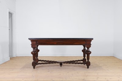 Lot 499 - A walnut black and serpentine marble centre table