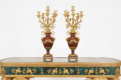 Lot 188A - A pair of Louis XV-style griotte uni marble and ormolu candelabra