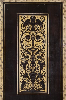 Lot 99 - An ebonised fruitwood, ivory-inlaid and bronze-mounted table cabinet
