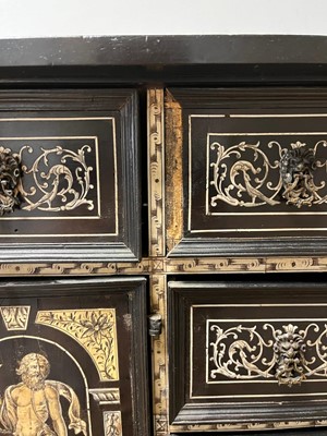 Lot 99 - An ebonised fruitwood, ivory-inlaid and bronze-mounted table cabinet