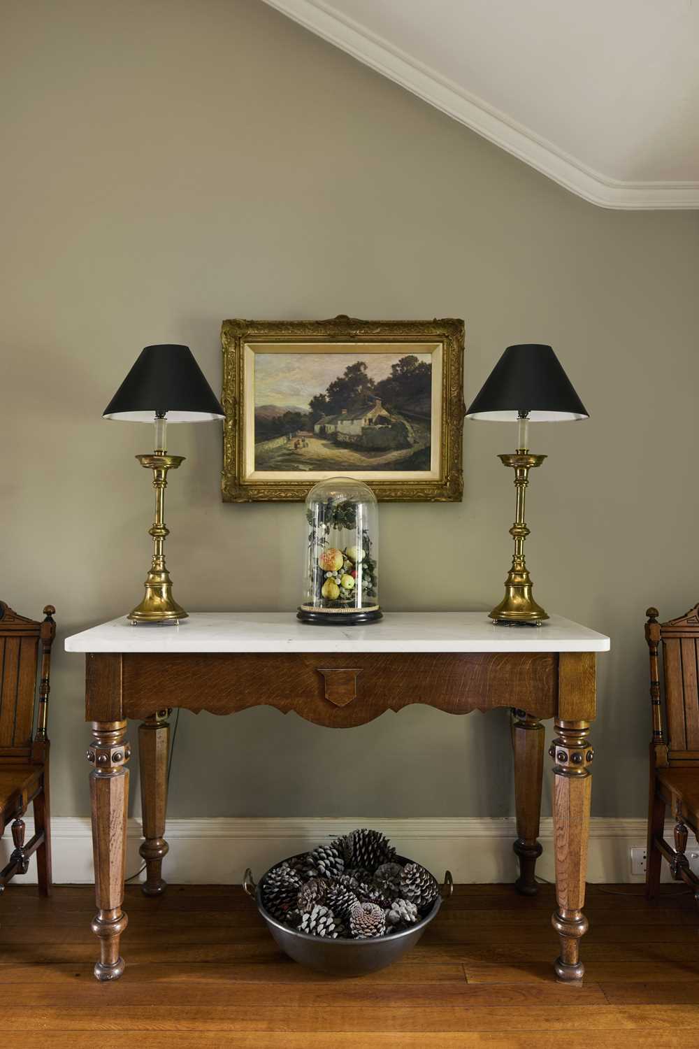 Lot 214 - A Victorian baronial oak and marble-topped hall table