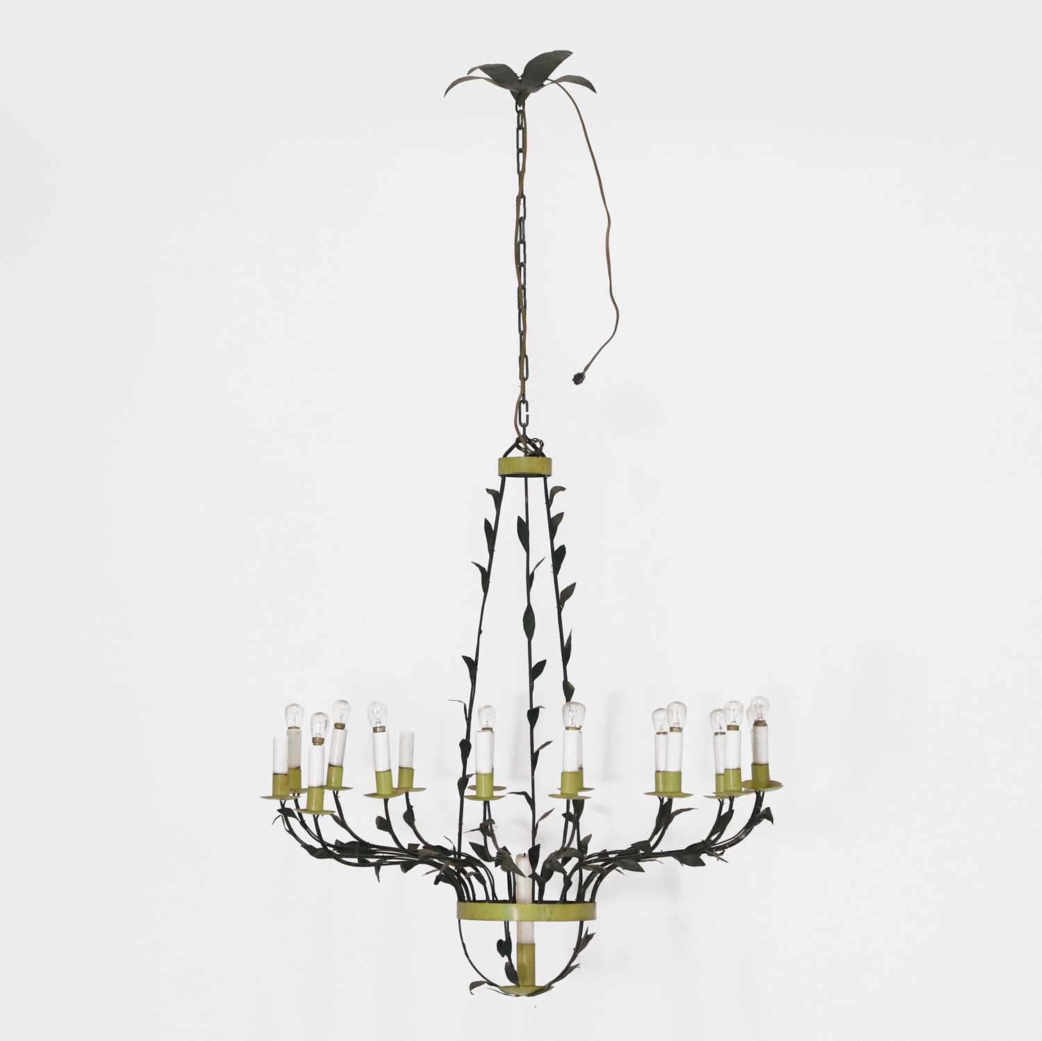 Lot 389 - A green-painted sixteen-light chandelier