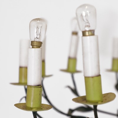 Lot 389 - A green-painted sixteen-light chandelier