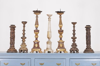 Lot 251 - A group of giltwood and painted pine altar candlesticks