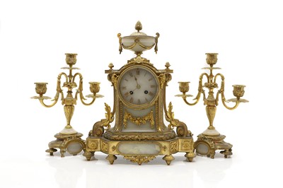 Lot 237 - A French ormolu and alabaster clock garniture