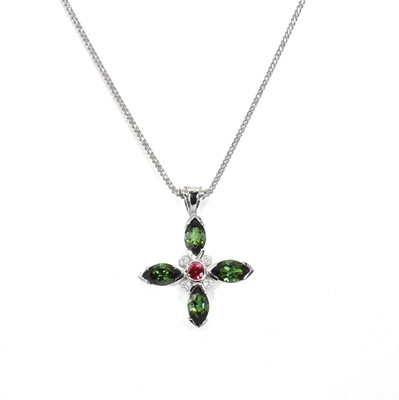 Lot 154 - An 18ct white gold green tourmaline, ruby and diamond pendant