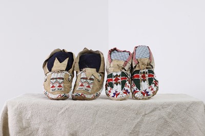 Lot 302 - Two pairs of Native American beaded hide moccasins