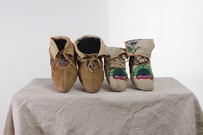 Lot 366 - Two pairs of Native American beaded hide moccasins