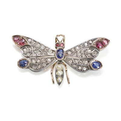 Lot 22 - A late Victorian diamond, ruby, sapphire and pearl butterfly brooch