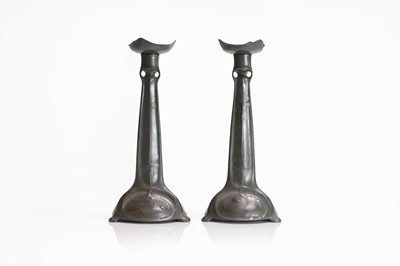 Lot 73 - A pair of Kayserzinn cast pewter candlesticks