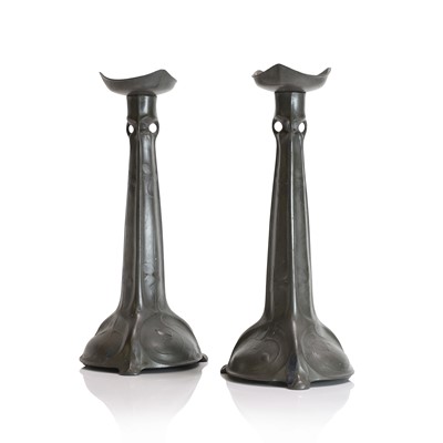 Lot 73 - A pair of Kayserzinn cast pewter candlesticks