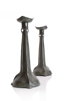 Lot 73 - A pair of Kayserzinn cast pewter candlesticks