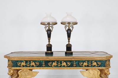 Lot 209 - A pair of Empire-style lacquered and gilt-brass table lamps