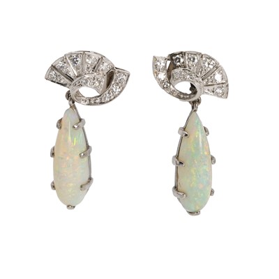 Lot 122 - A pair of diamond and opal drop earrings