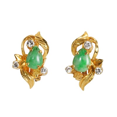 Lot 137 - A pair of jade and diamond earrings