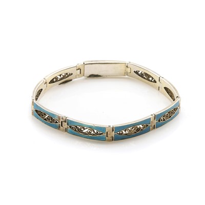 Lot 378 - A silver enamel panel bracelet and brooch, by Marius Hammer