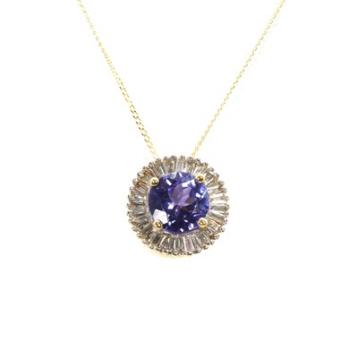 Lot 140 - A tanzanite and diamond circular cluster pendant and chain