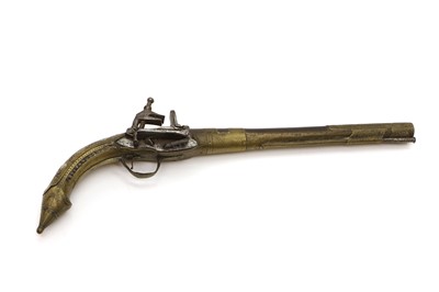 Lot 353 - A miquelet lock brass and mother-of-pearl mounted pistol