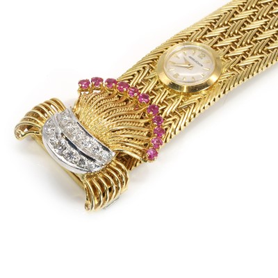 Lot 103 - An 18ct gold diamond and ruby cocktail watch, by Jaeger LeCoultre for Kutchinsky