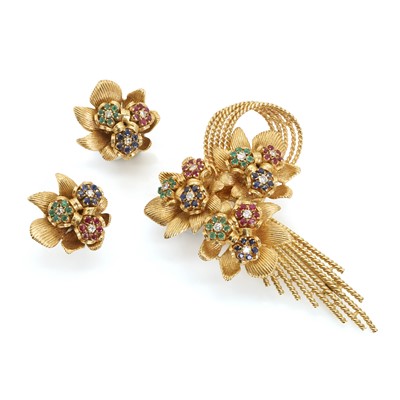 Lot 104 - An 18ct gold, gemstone and diamond brooch and earrings suite, by Kutchinsky, c.1960