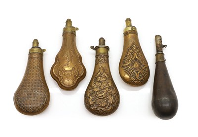 Lot 369 - Four Victorian copper and brass shot and powder flasks