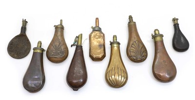 Lot 370 - Six Victorian copper and brass shot and powder flasks