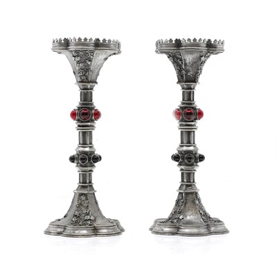 Lot 326 - A pair of pewter and hardstone candlesticks